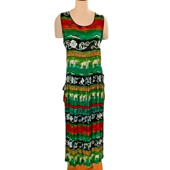 Bila  BOHO Lagenlook Crinkle Maxi Dress Elephant Trunk Up Floral Sz M/8-10 #240G - Picture 1 of 8
